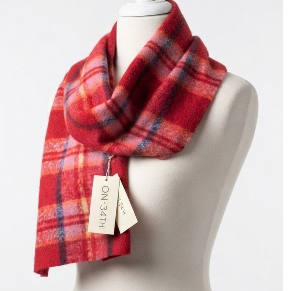 On 34th Red Multi Plaid Convertible Wrap Scarf One Size NWT